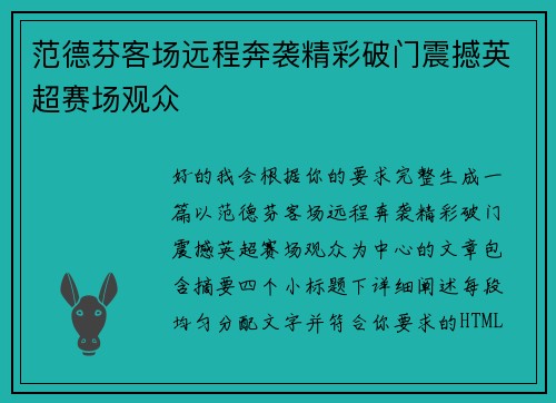 范德芬客场远程奔袭精彩破门震撼英超赛场观众